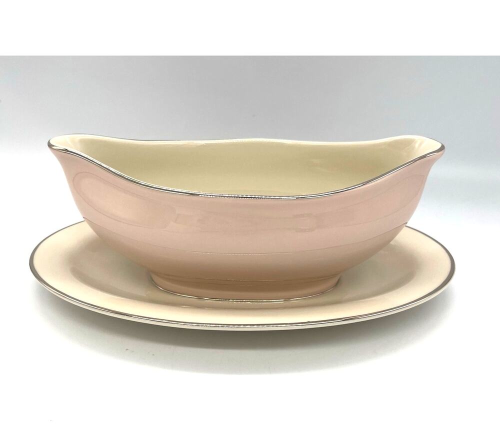 Vintage Colonial Fine China Porcelain Pink & White Gravy Boat w/ Attached Plate